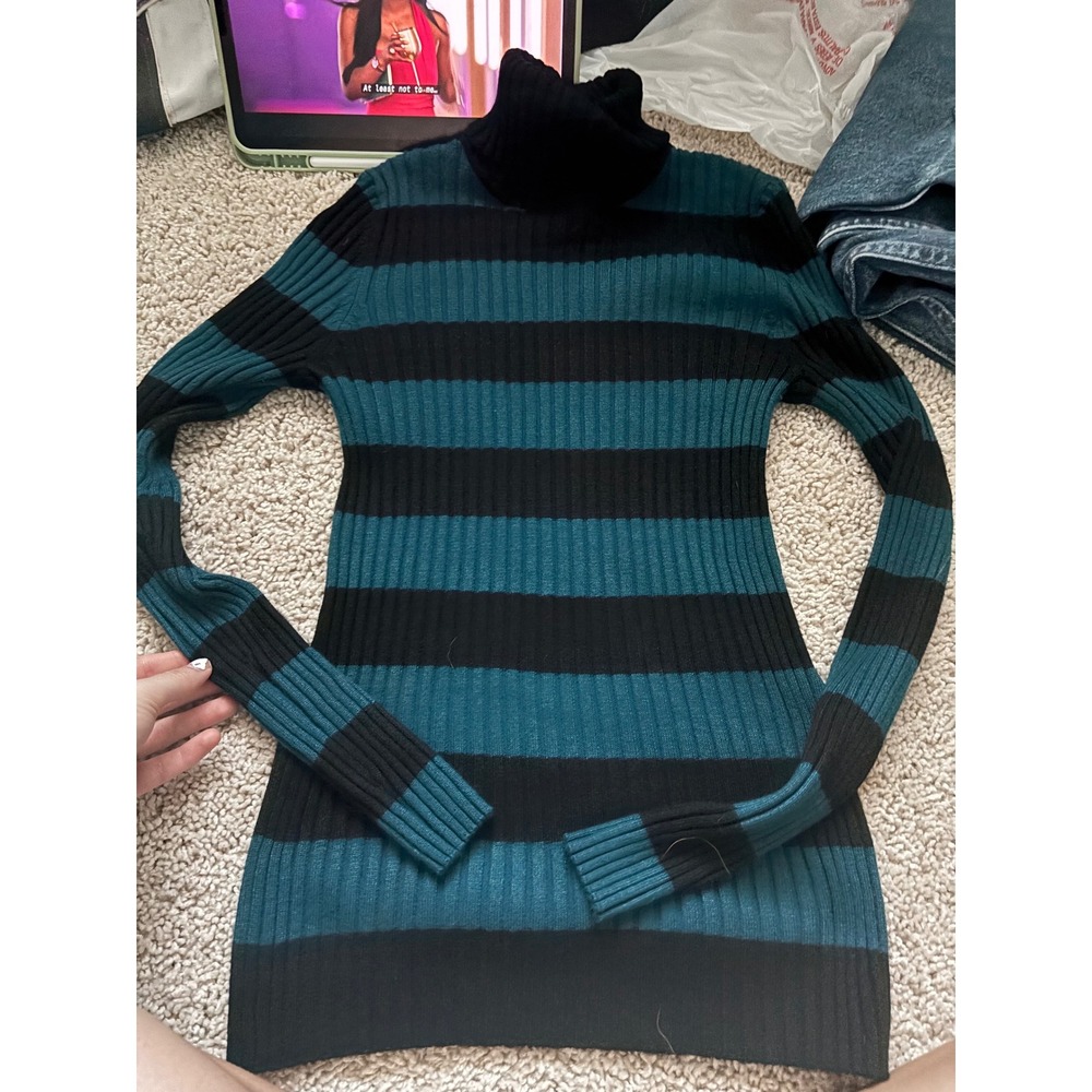 Striped Turtleneck Sweater Teal Black Ribbed Knit Long Sleeve Love by Design M